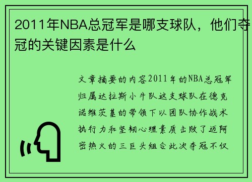 2011年NBA总冠军是哪支球队，他们夺冠的关键因素是什么